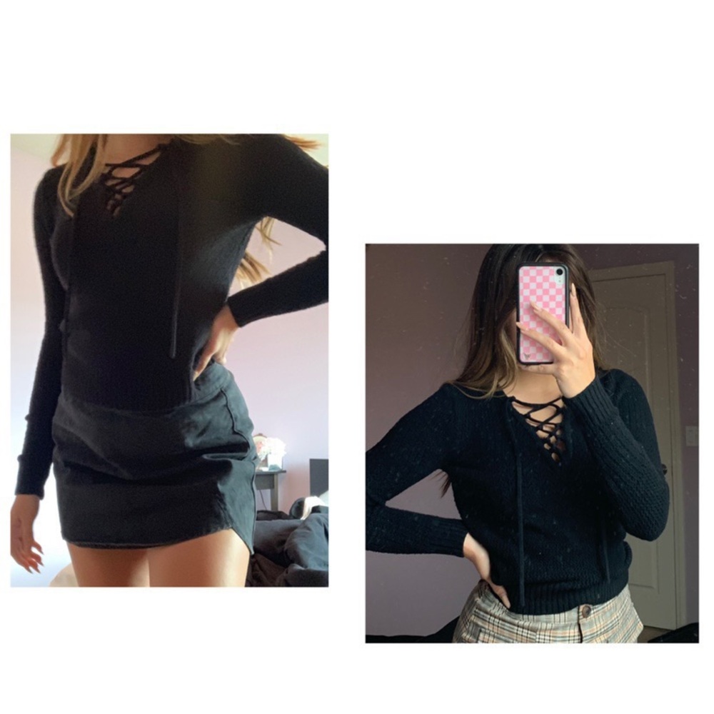 Black lace up knit sweater